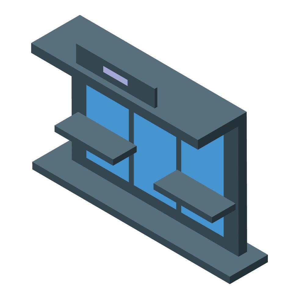 Isometric bus station with empty seats and electronic display showing arrival time vector