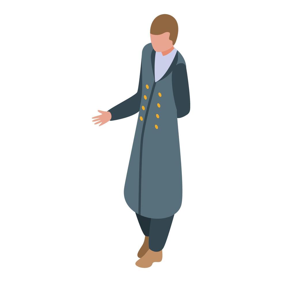 Victorian gentleman wearing long coat gesturing with hand outstretched vector