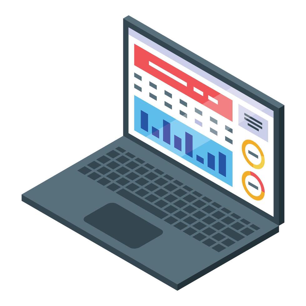 Laptop showing charts and data analysis software, concept of business intelligence and data analytics vector