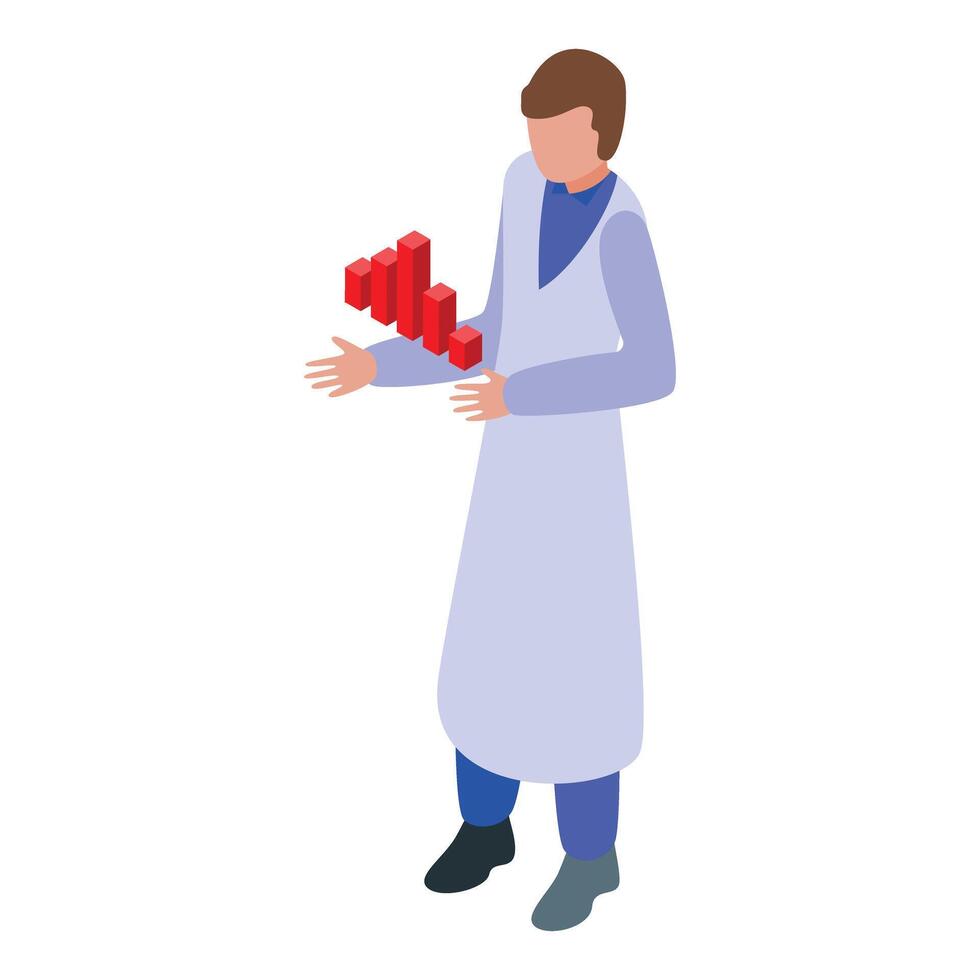 Doctor is presenting growing statistics with a 3d graph in his hands vector