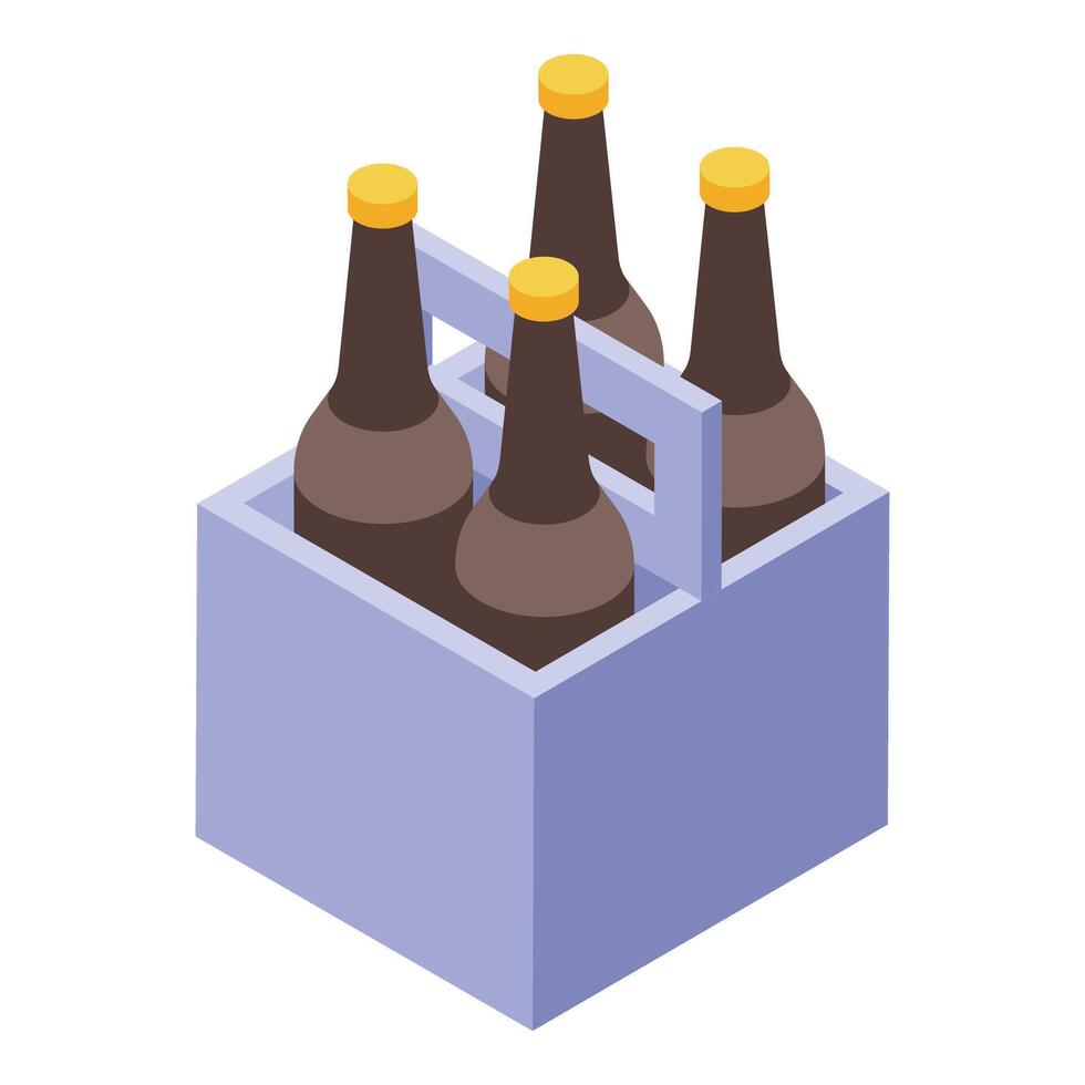 Isometric view of a six pack beer carrier filled with brown glass bottles vector