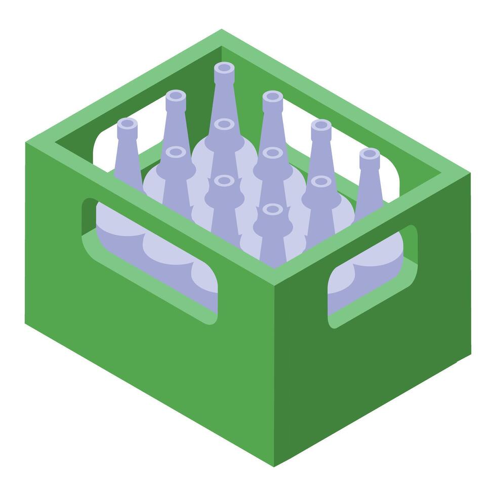 Green plastic crate holding glass bottles for delivery vector