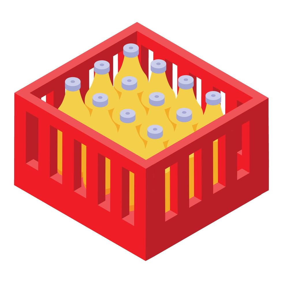 Red plastic crate full of glass bottles with yellow liquid inside isometric view vector