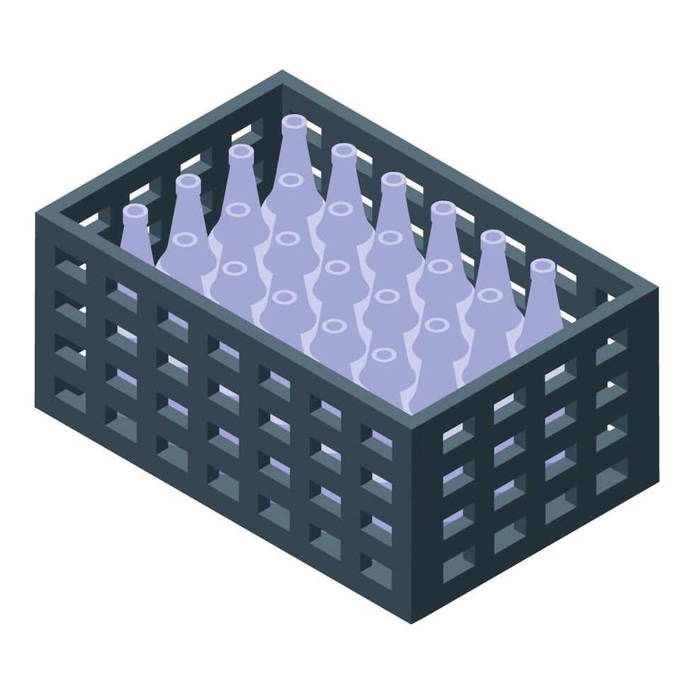 Empty glass bottles standing inside open black plastic crate for storage or transportation vector