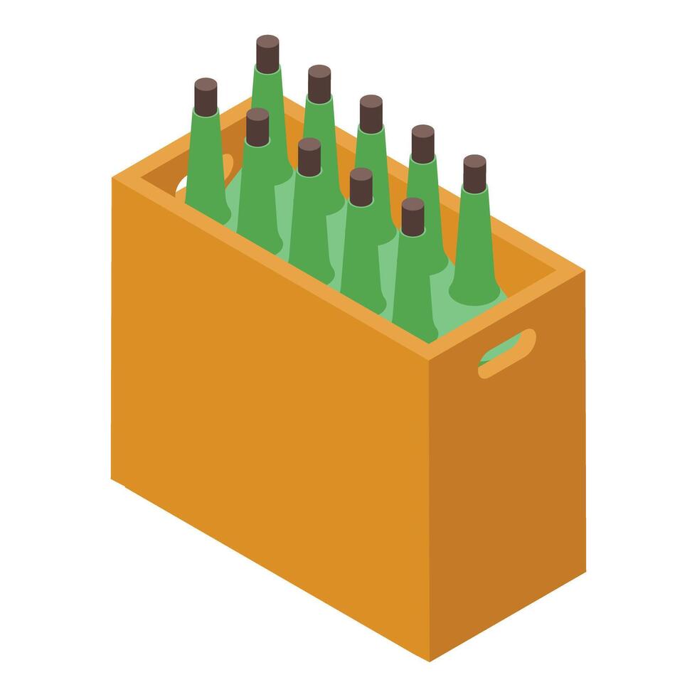 Wooden crate containing nine green glass bottles with corks isometric view vector