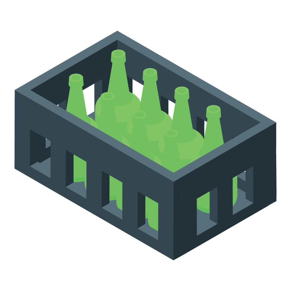 Plastic crate with green glass bottles for delivery or storage vector