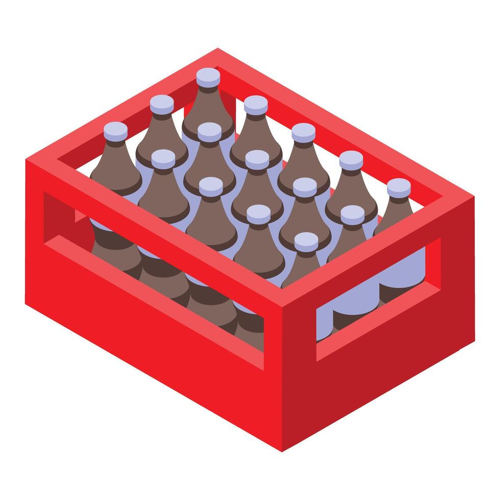 Red plastic crate full of glass bottles containing dark liquid refreshing drink vector