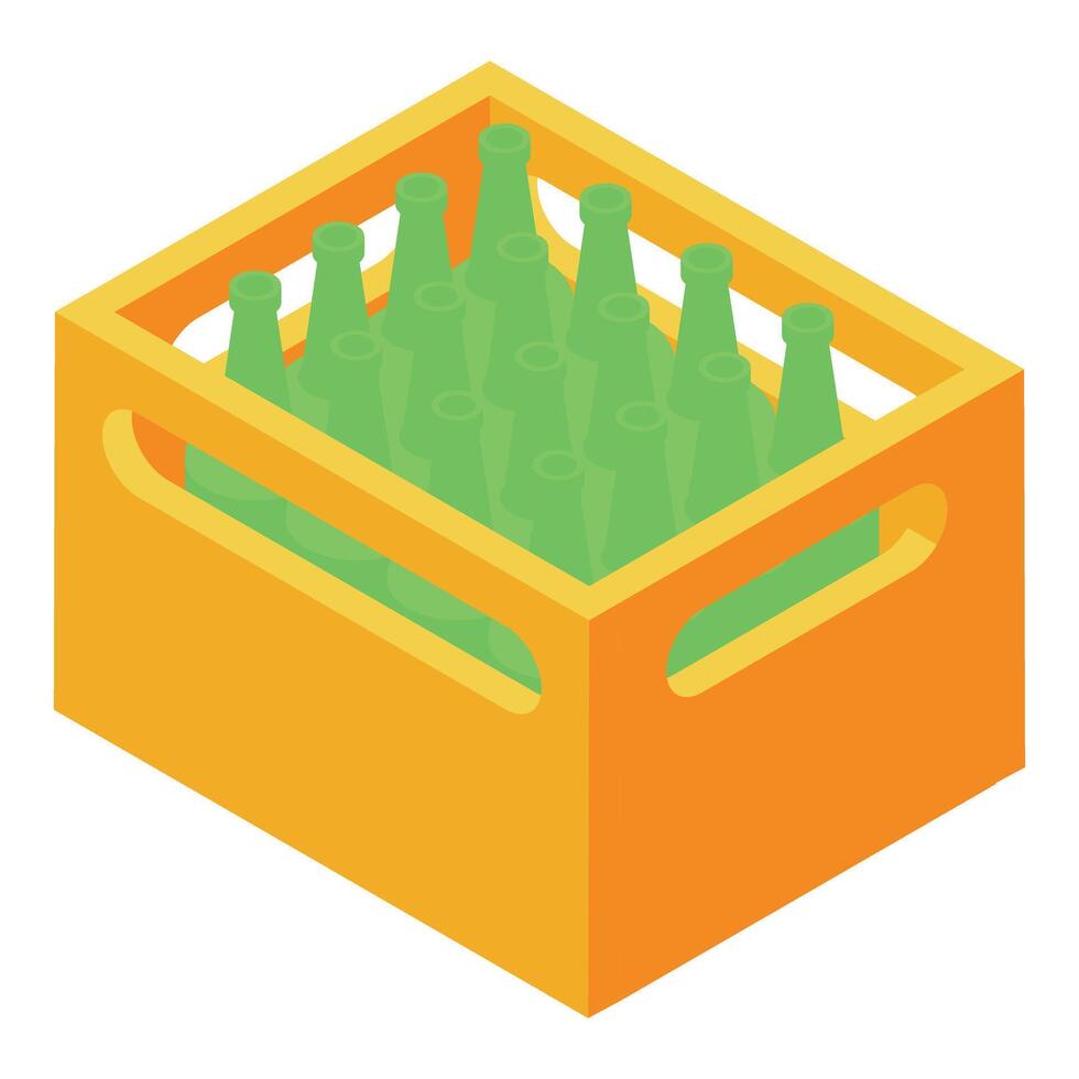 Wooden crate containing green glass bottles for delivery vector