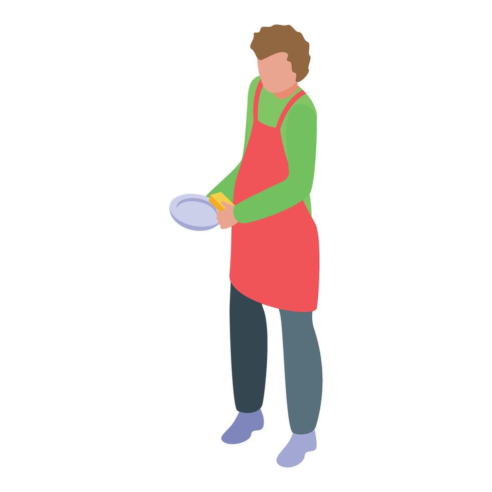 Man is washing a plate with a yellow sponge vector