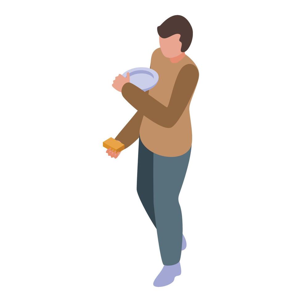 Young man holding empty plate and money asking for help vector