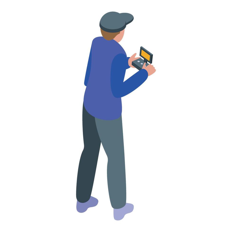 Drone pilot using remote controller with antenna operating uav vector