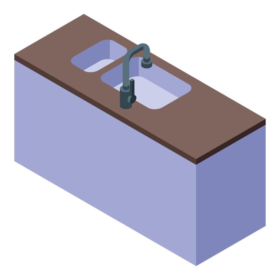 Modern kitchen sink with stainless steel faucet and brown countertop isometric view vector