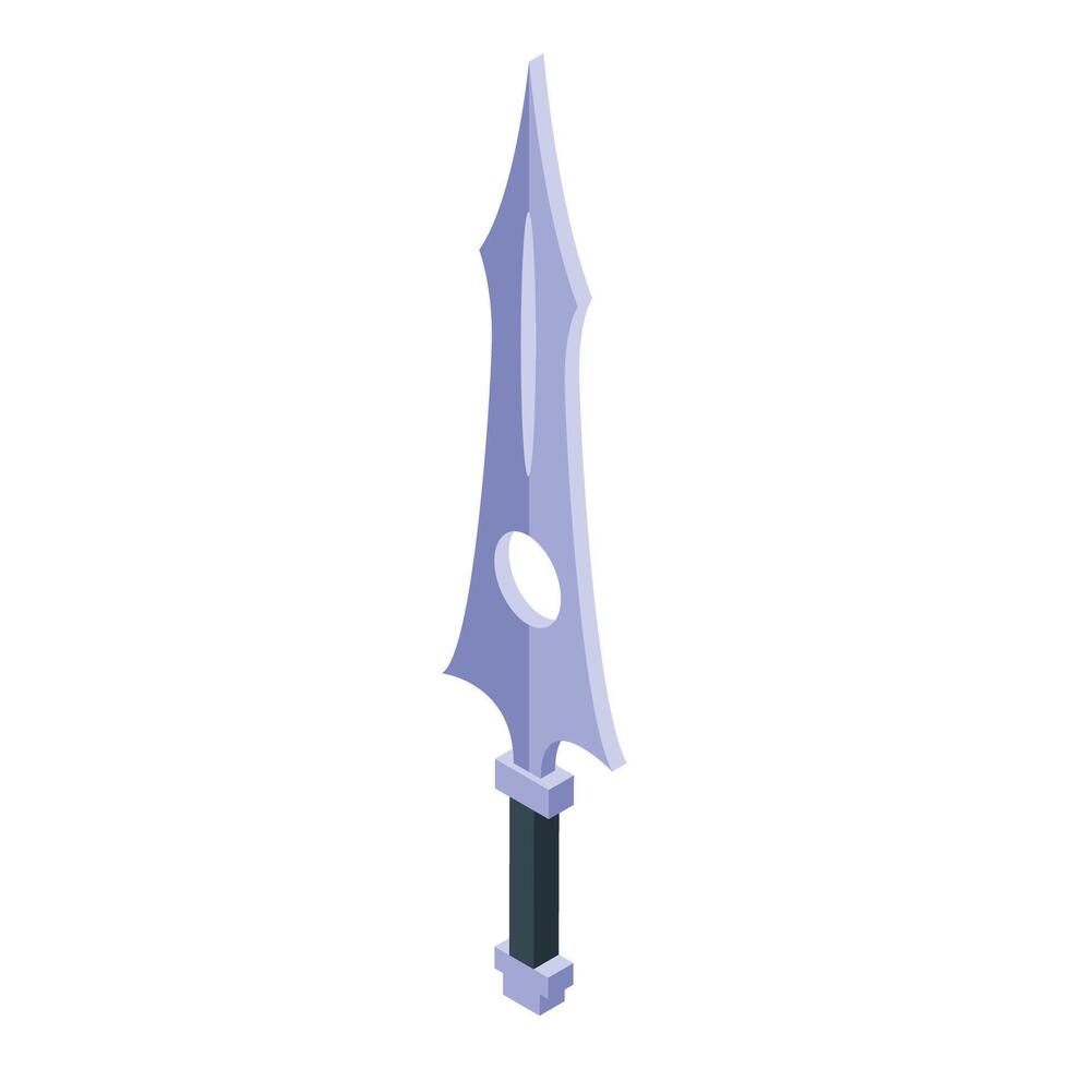 Sharp metal fantasy sword pointing up with hole in blade isometric illustration vector