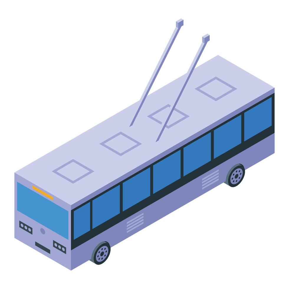 Modern trolleybus driving through city street with overhead lines isometric view vector