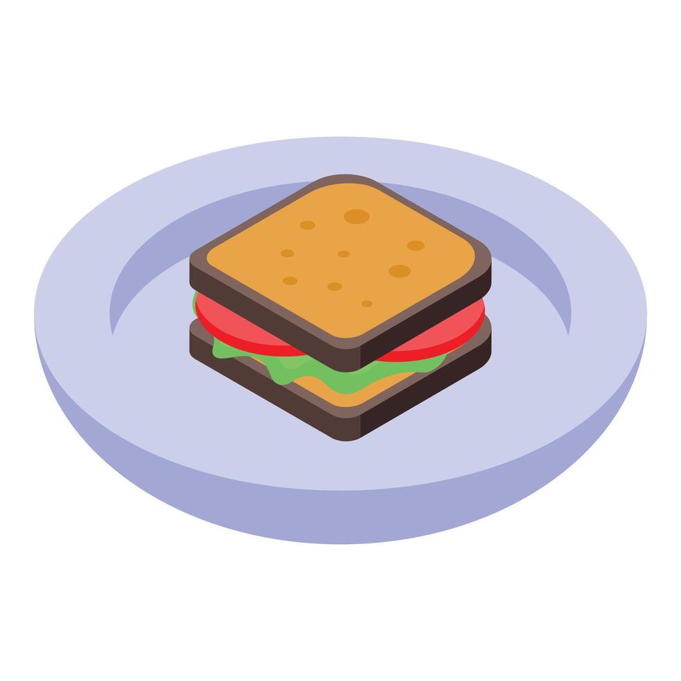 Square sandwich with toasted bread, salad and tomatoes is lying on a plate vector