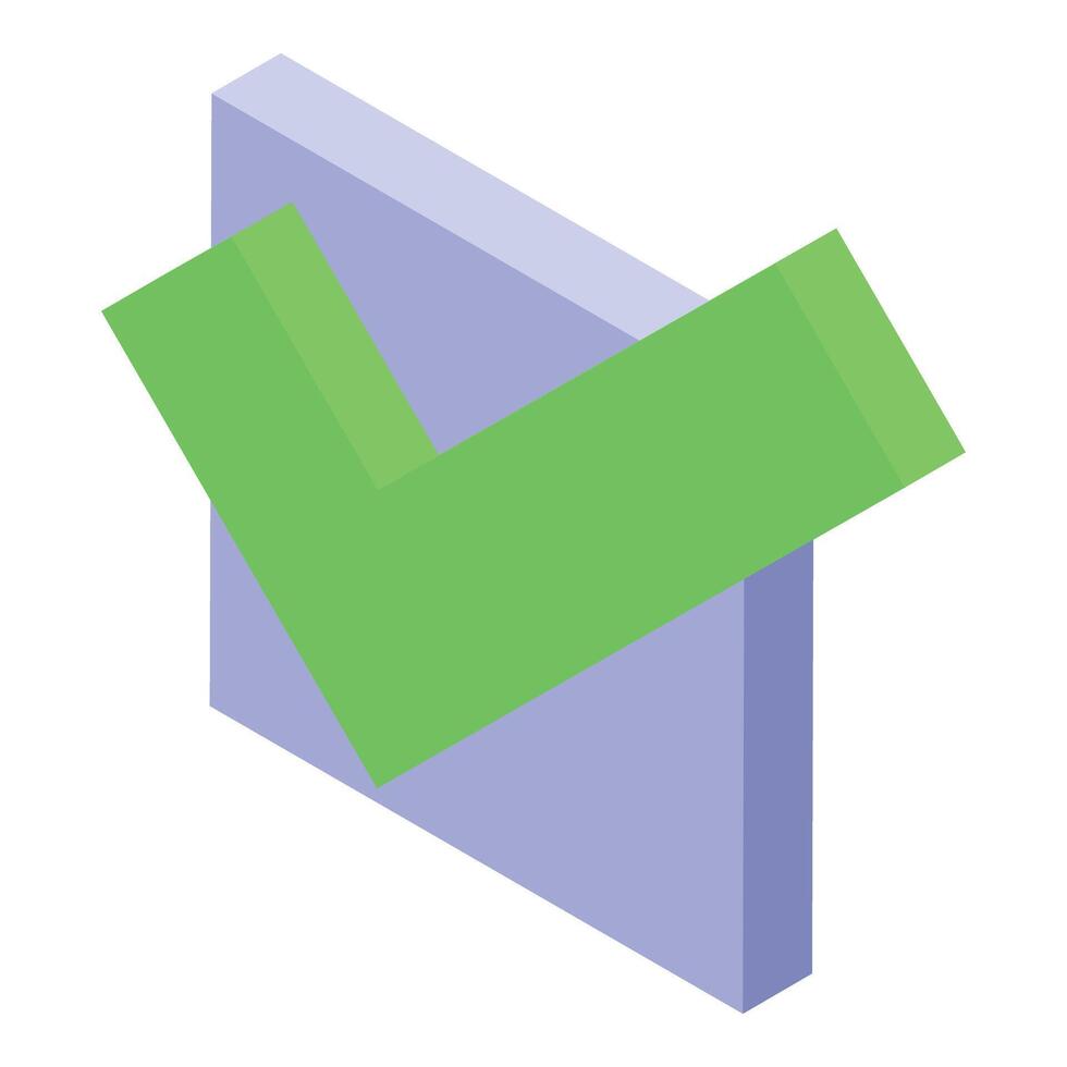 Green check mark approving an abstract rectangular shape in isometric view vector