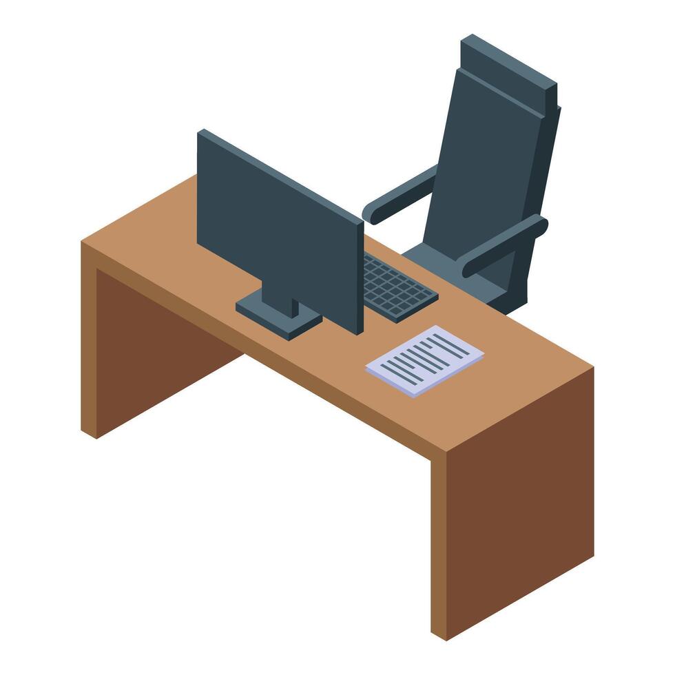 Empty office desk featuring a desktop computer, keyboard and ergonomic chair vector