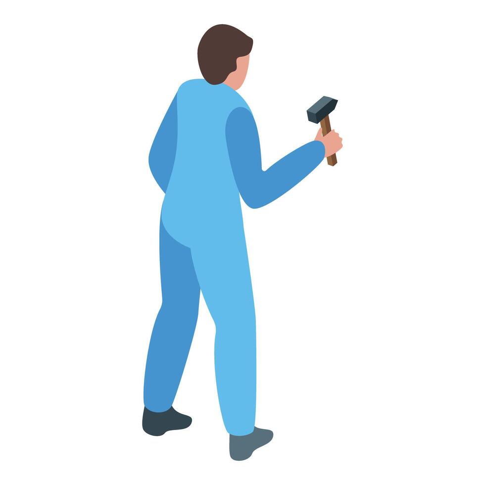 Construction worker wearing blue overalls is holding a hammer vector
