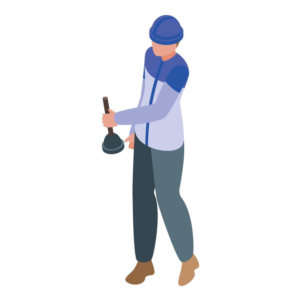 Plumber holding plunger walking isometric illustration vector