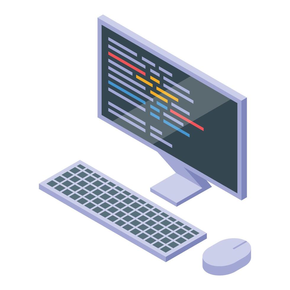 Computer programming code displaying on screen with keyboard and mouse isometric view vector