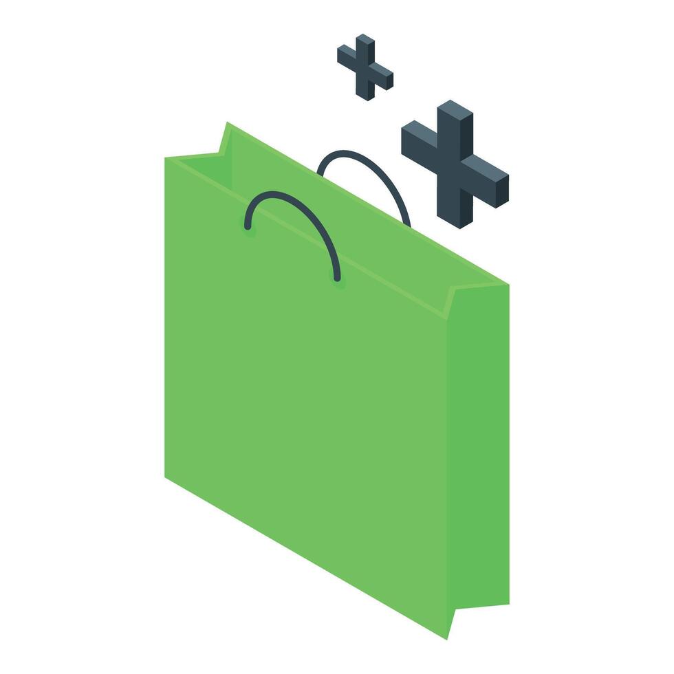 Green shopping bag with plus signs representing adding items to online shopping cart vector