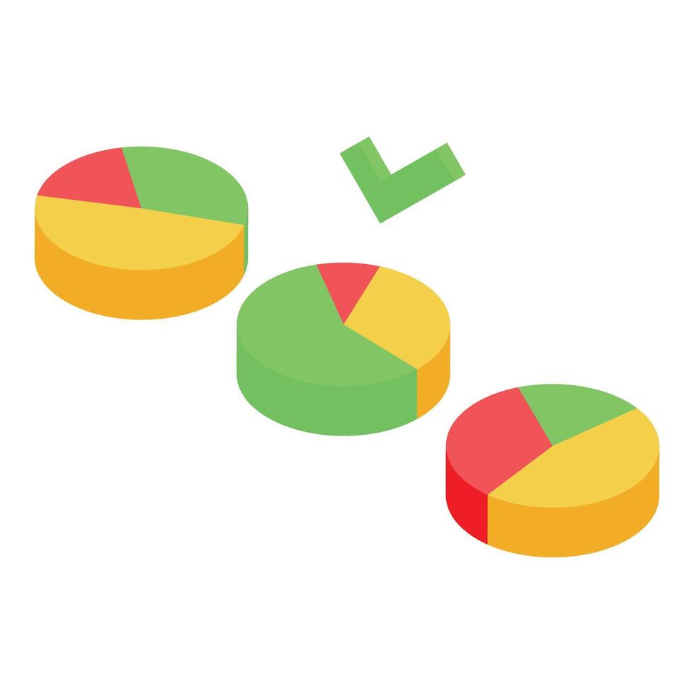 Green check mark hovering over three multicolored pie charts representing successful task completion vector