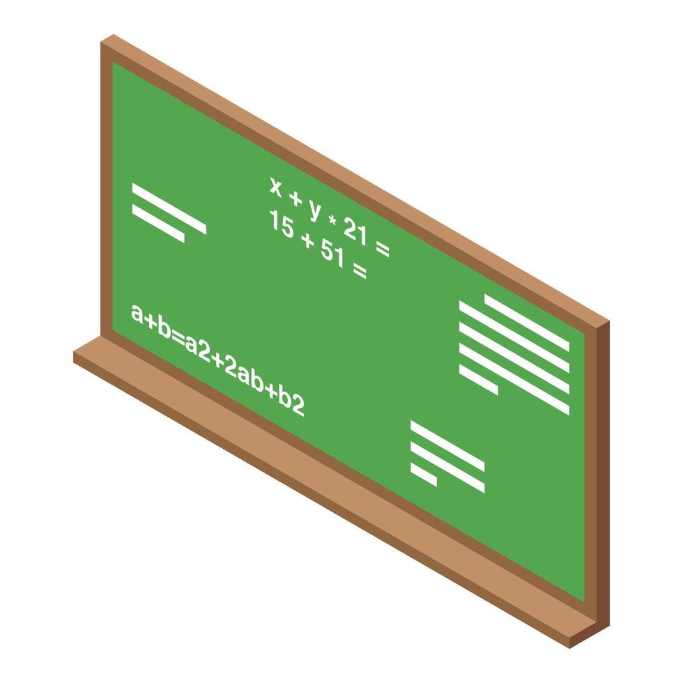Green school blackboard showing mathematical formulas isometric view vector