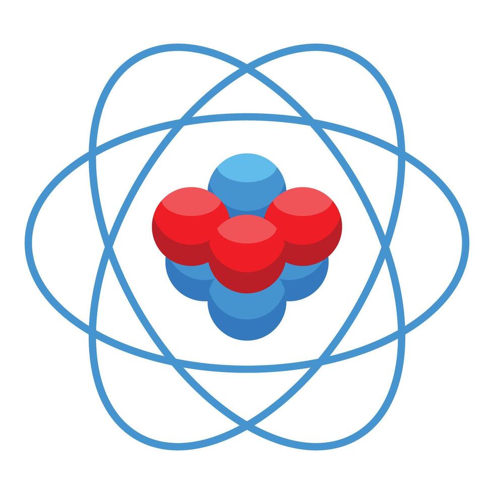 Atom particles rotating around nucleus icon isometric style vector