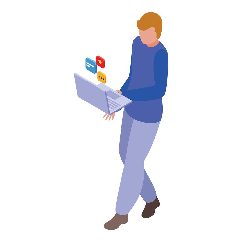 Project manager walking and managing social media strategy on laptop vector