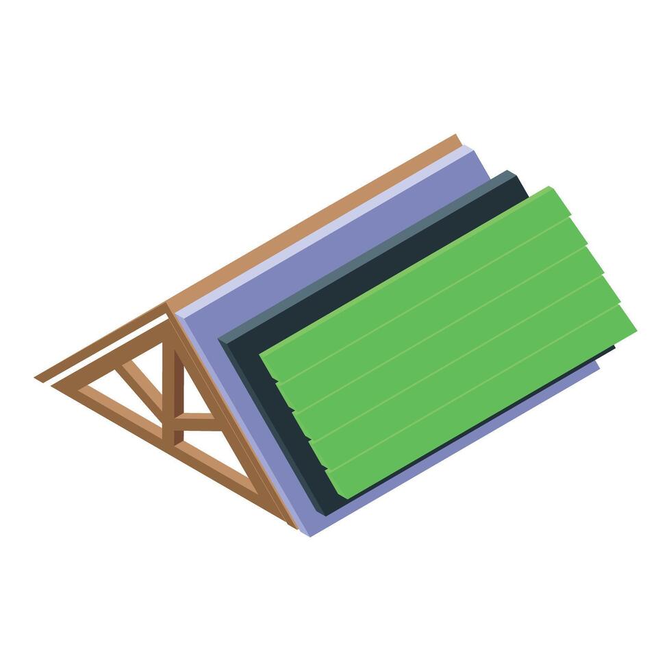 Wooden roof frame being covered with insulation material and green metal tile panels vector