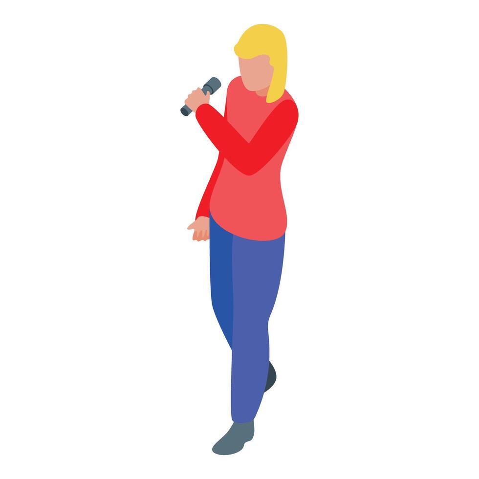 Young woman singing with microphone isometric icon vector