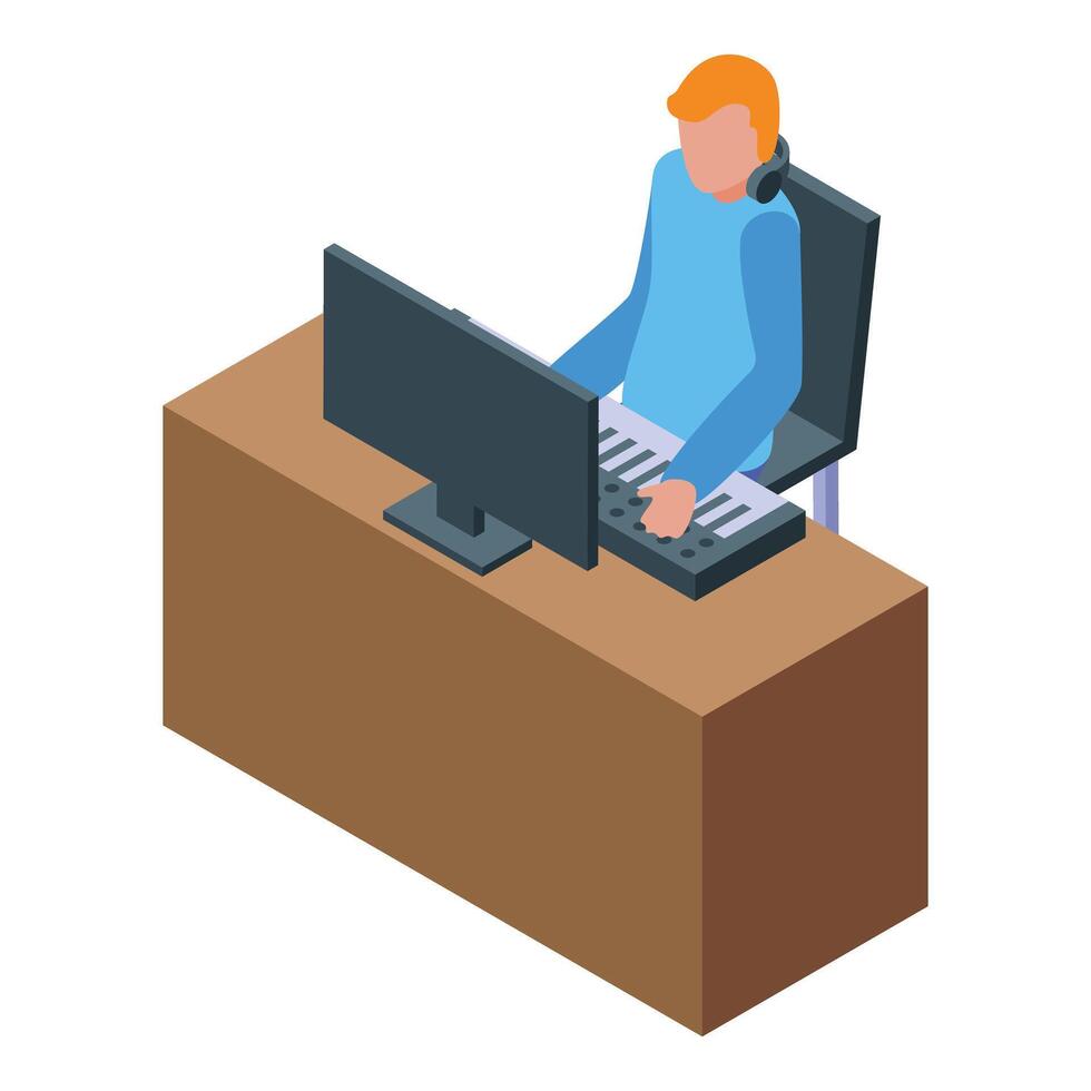 Sound designer working on new music track using computer and midi keyboard vector