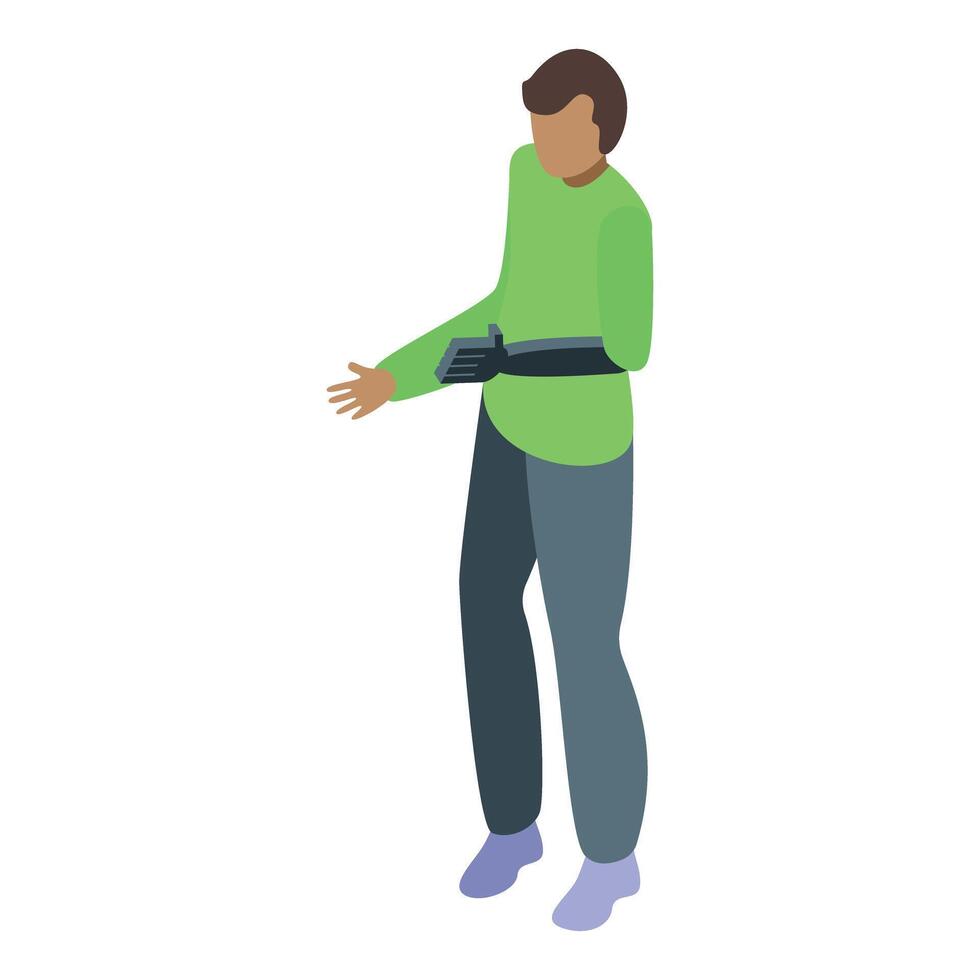 Young man using modern bionic prosthesis arm vector