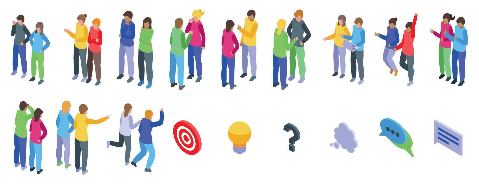 Idea think couple icons set. Young people discussing and sharing ideas for business startup, teamwork, brainstorming and goal setting concept vector