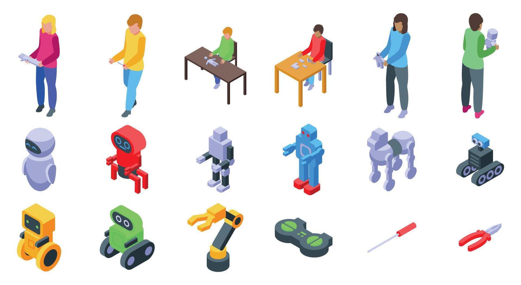 Kid robot class icons set. Robotics engineering team working on innovative project, developing and programming robots vector