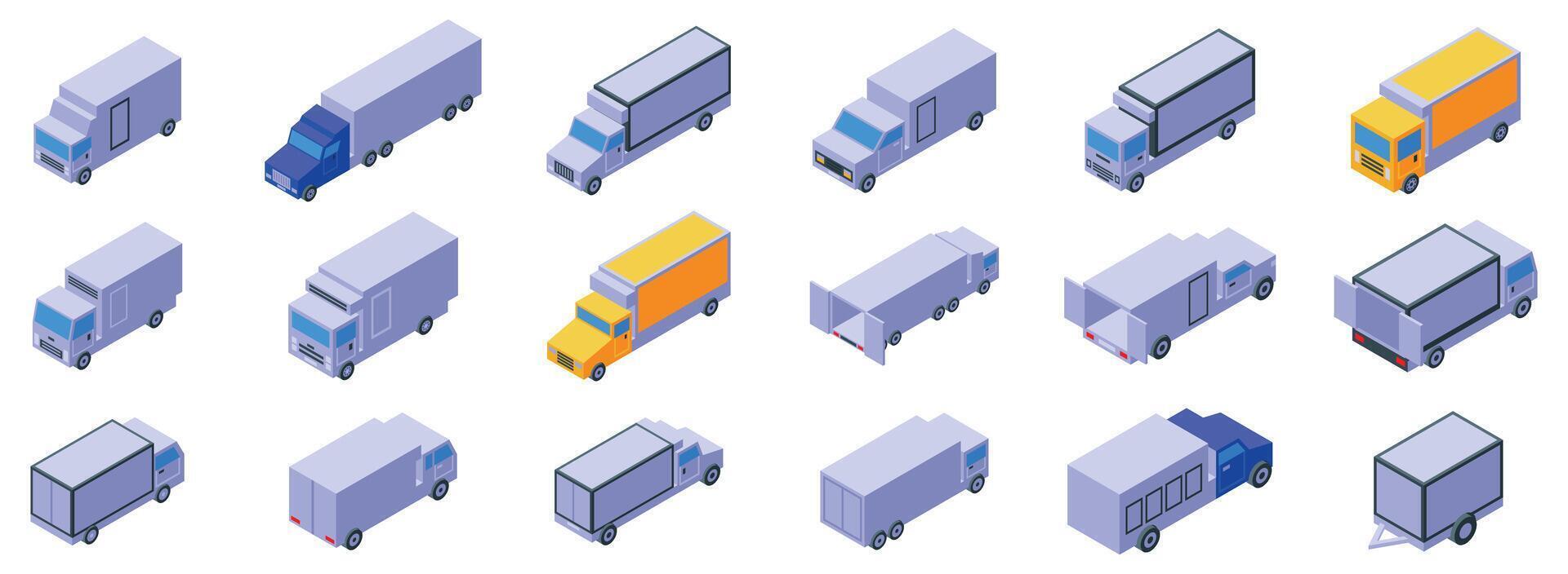 Car refrigerator icons set. Delivery truck set with different types of cargo transportation delivering goods vector