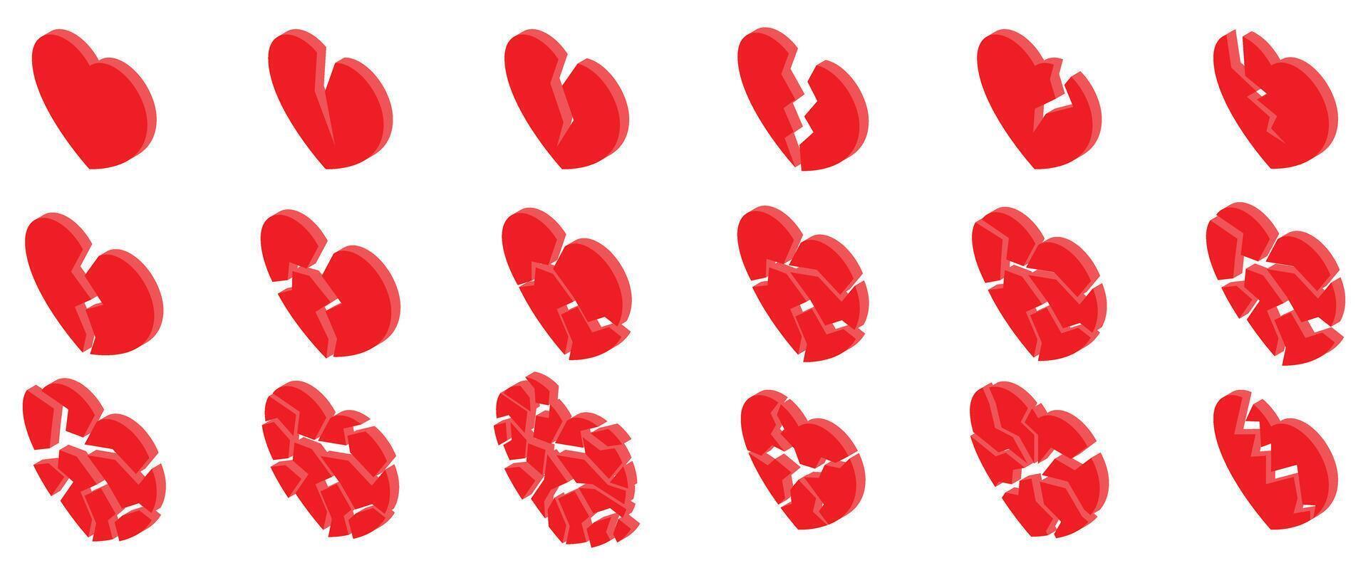 Cracked heart icons set. Set of broken hearts depicting heartbreak and sadness vector