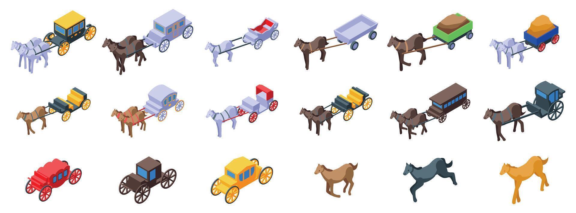 Horse vehicles icons set. Horses pulling carriages, carts, and wagons isometric icons of transportation from history vector