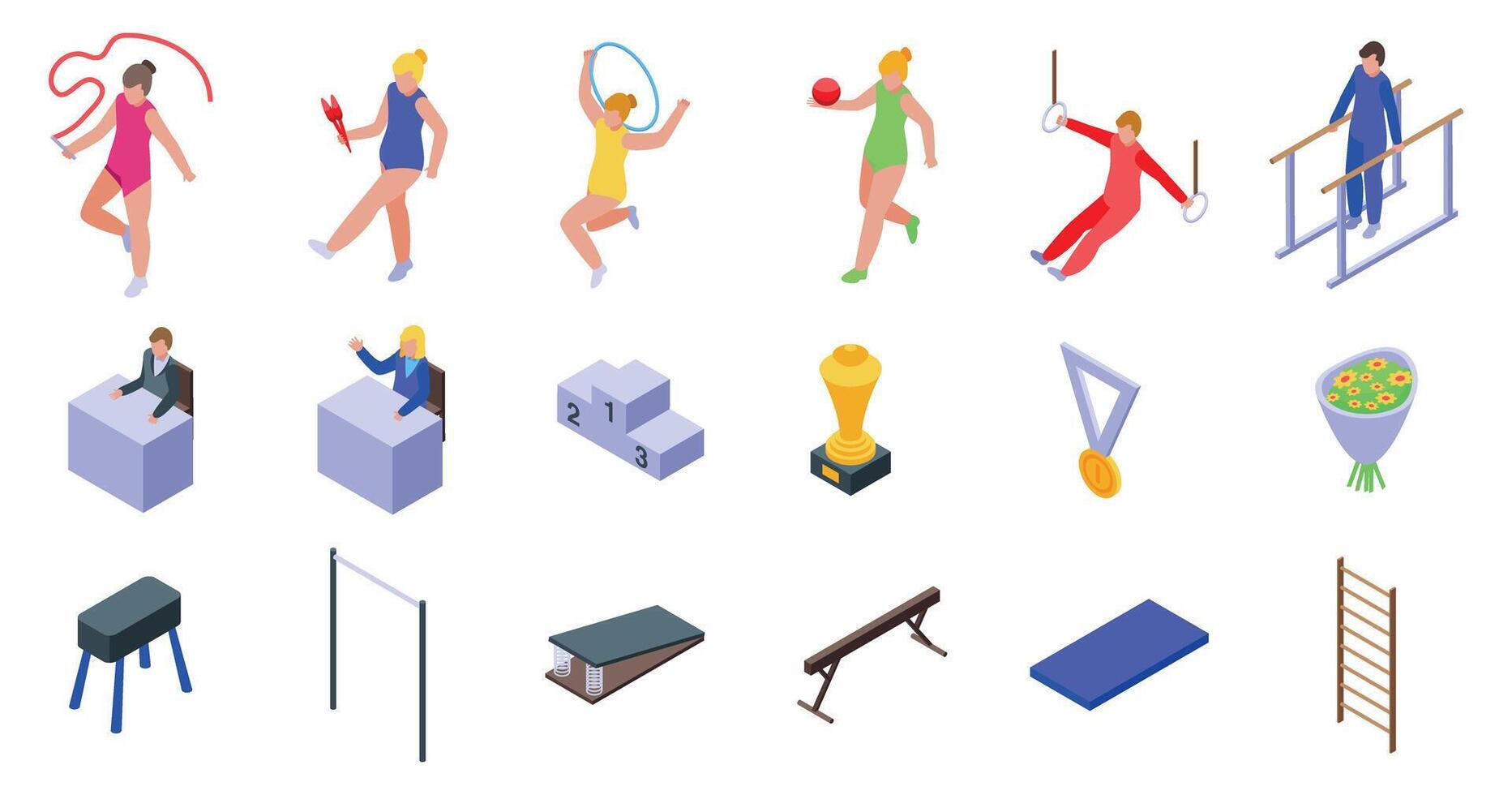 Artistic gymnast performance icons set. Gymnasts are performing rhythmic gymnastics with different apparatus and equipment vector
