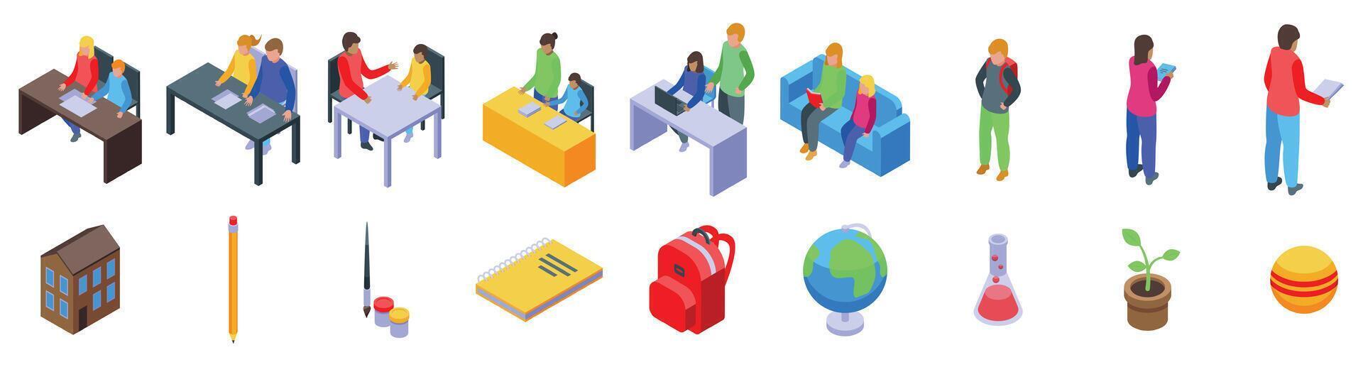 Teaching home parents icons set. Parents and teachers supporting education and learning in school vector