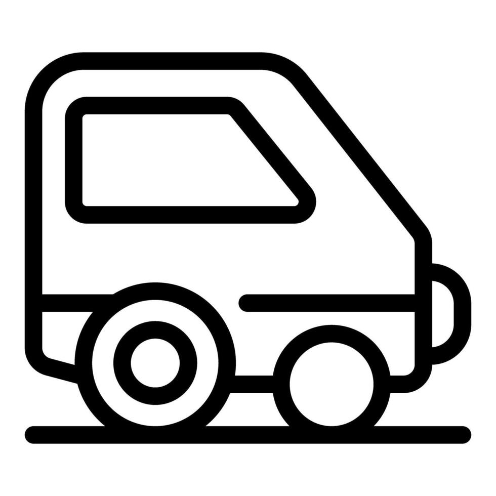 Small delivery van moving on a road, line art icon vector