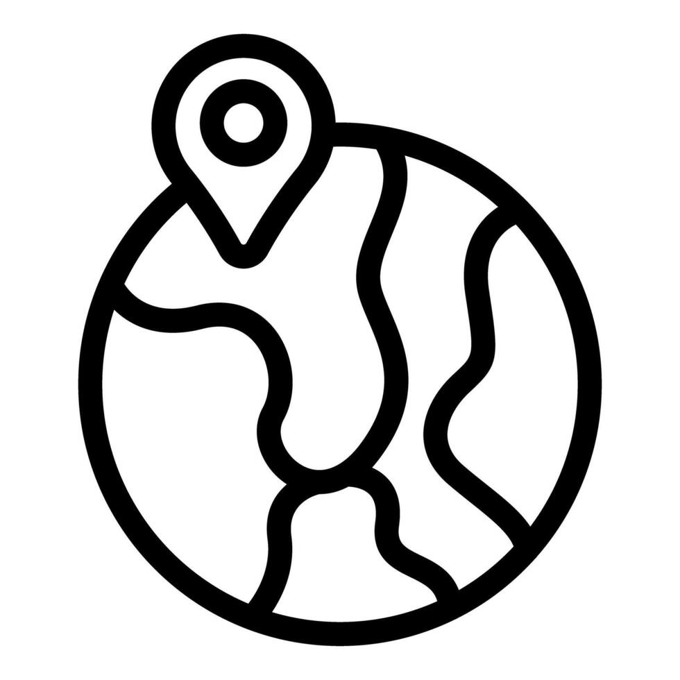 Black and white icon of a location pin marking a spot on a globe vector