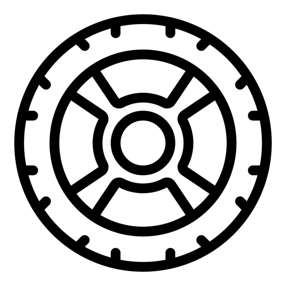 Black outline icon of a car tire with spokes showing for automotive design vector