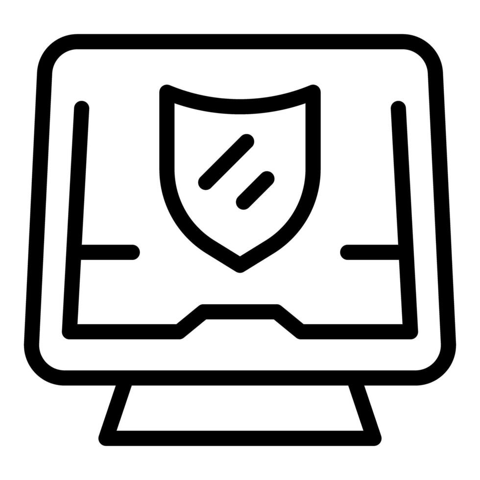 Desktop computer with shield displaying secured system providing online safety vector