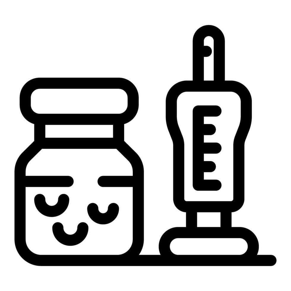 Cute kawaii medical glass vial with vaccine injection being prepared for dose vector