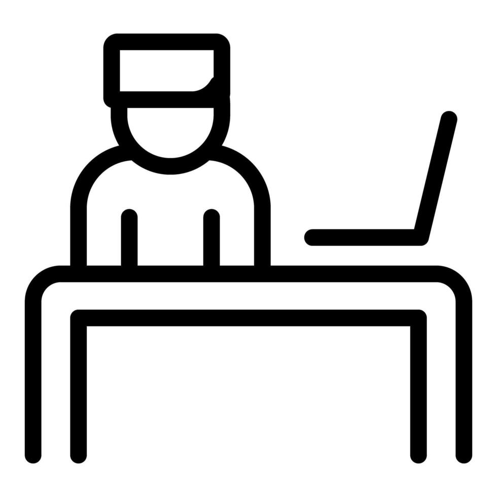 Receptionist working behind desk with laptop on counter icon vector