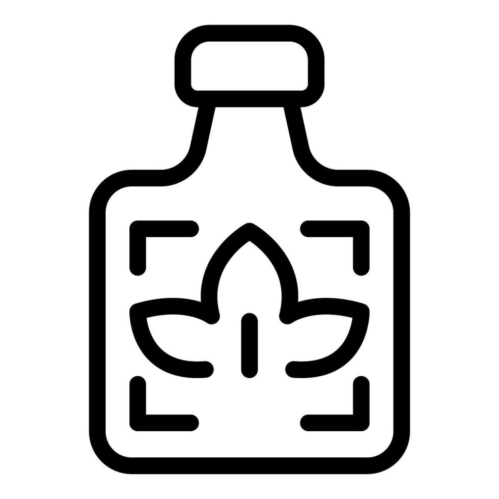 Black outline icon of a bottle containing cbd oil with a leaf symbol for wellness and natural remedies vector