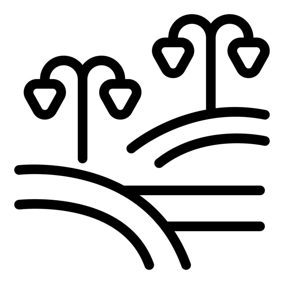 Black and white line art icon of a road winding through rolling hills with streetlights vector