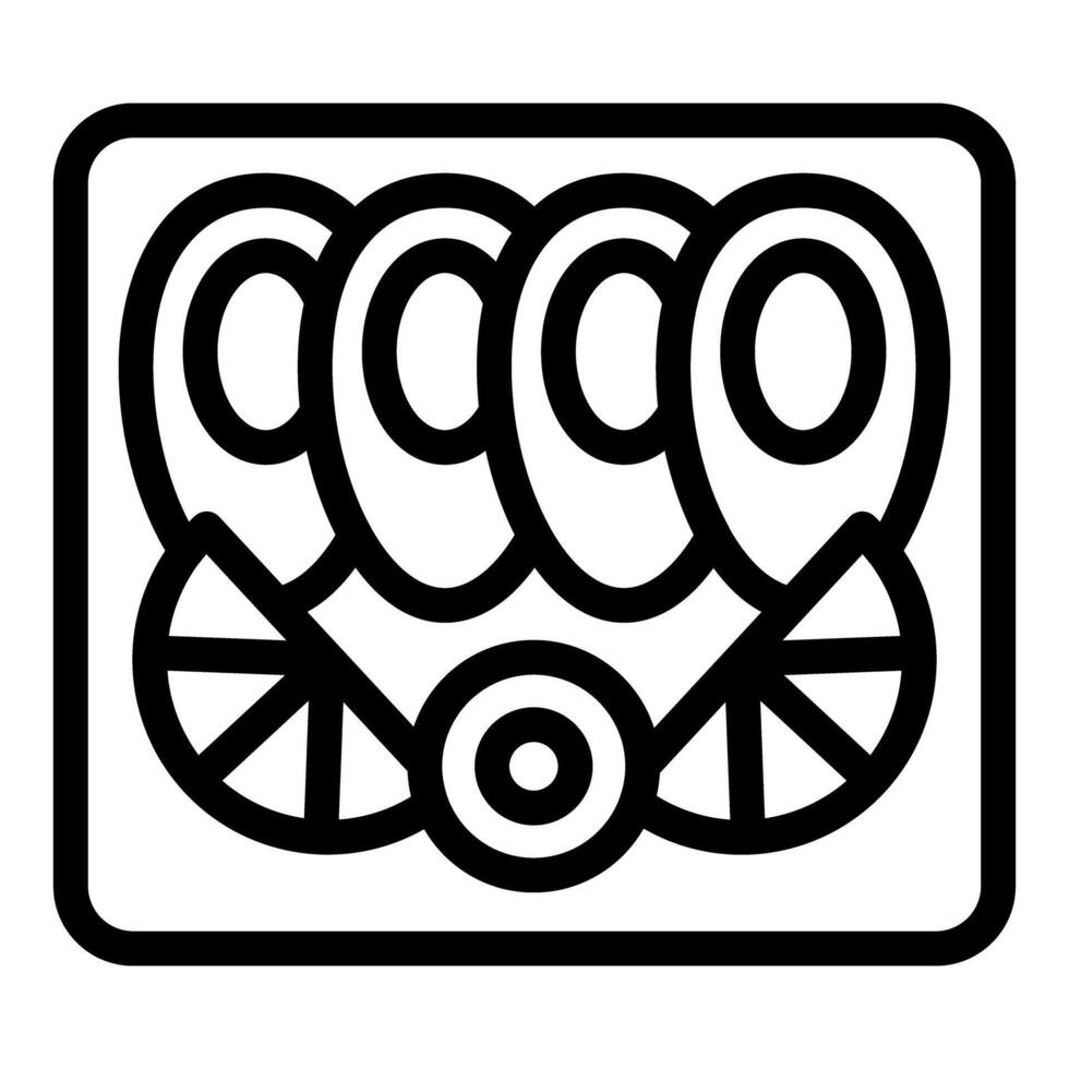 Simple black and white icon depicting sushi rolls with orange slices and wasabi in a take away box vector