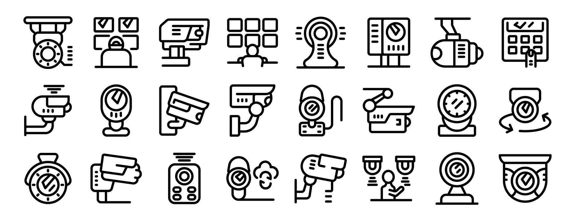 surveillance system icons set. Security camera observing, monitoring, recording, protecting and detecting with modern technology icon set vector